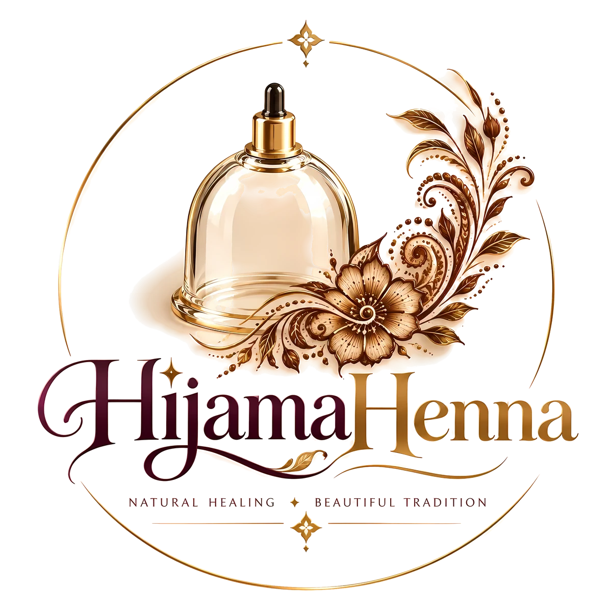 HijamaHenna logo: a glass hijamah cup wrapped in a henna flower design